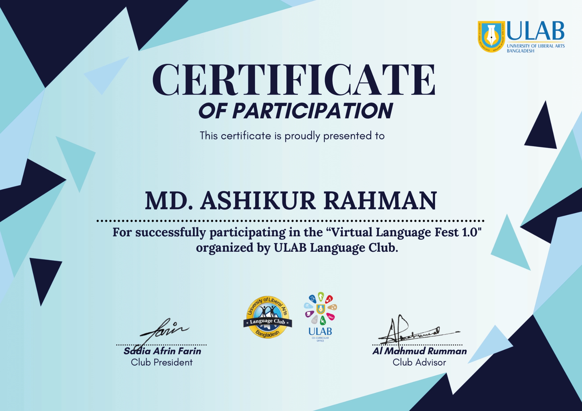 Certificates of Md. Ashikur Rahman (Ayon)